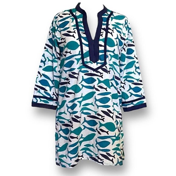 Roberta Roller Rabbit Womens Tunic Top Sz S Blue White Fish Print Beach Cover Up - Picture 1 of 6
